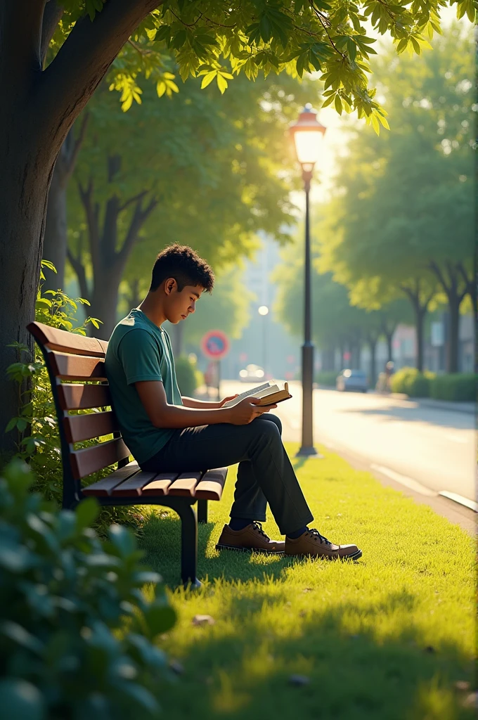 A quiet park on a sunny day. A man, Juan, He is sitting on a bench, reading a book. In the background, You see a street with a red traffic light.