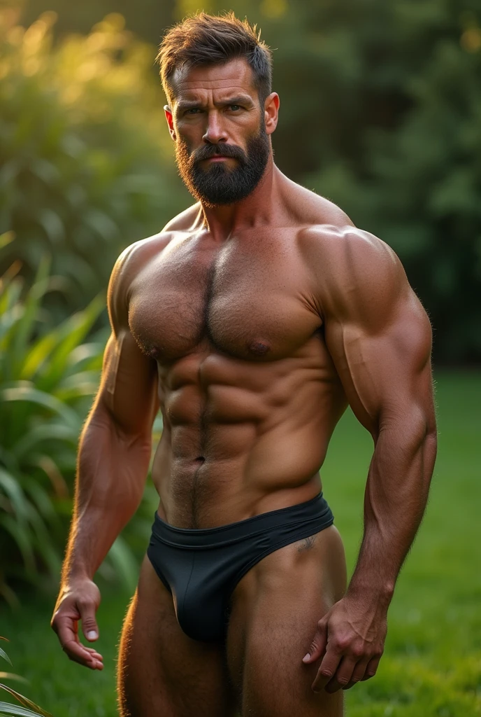 a muscular 40 year old man, hairy chest, hairy armpits, full body, in a super sexy thong, outside on the grass in his garden, best quality, 8K, masterpiece, first quality, natural lighting, beautiful, sexy, correct anatomy , good composition, realistic shapes, realistic skin tones, natural eyes, realistic eyes, look at viewer, VPL, realistic muscles, realistic), Realistic arms and legs, Realistic face, Realistic hair, Make a sexy and seductive face, Clear focus : 1.2, Perfect manly body: 1.4, Slim abs: 1.2, Very detailed skin and face texture, detailed eyes. Eyelids double, large. upper lip, focused man, amazing composition, looking forward, hdr, volumetric lighting, ultra quality, stylish, post an erotic photo shoot, realistic pose, detailed hair, photo-realistic art