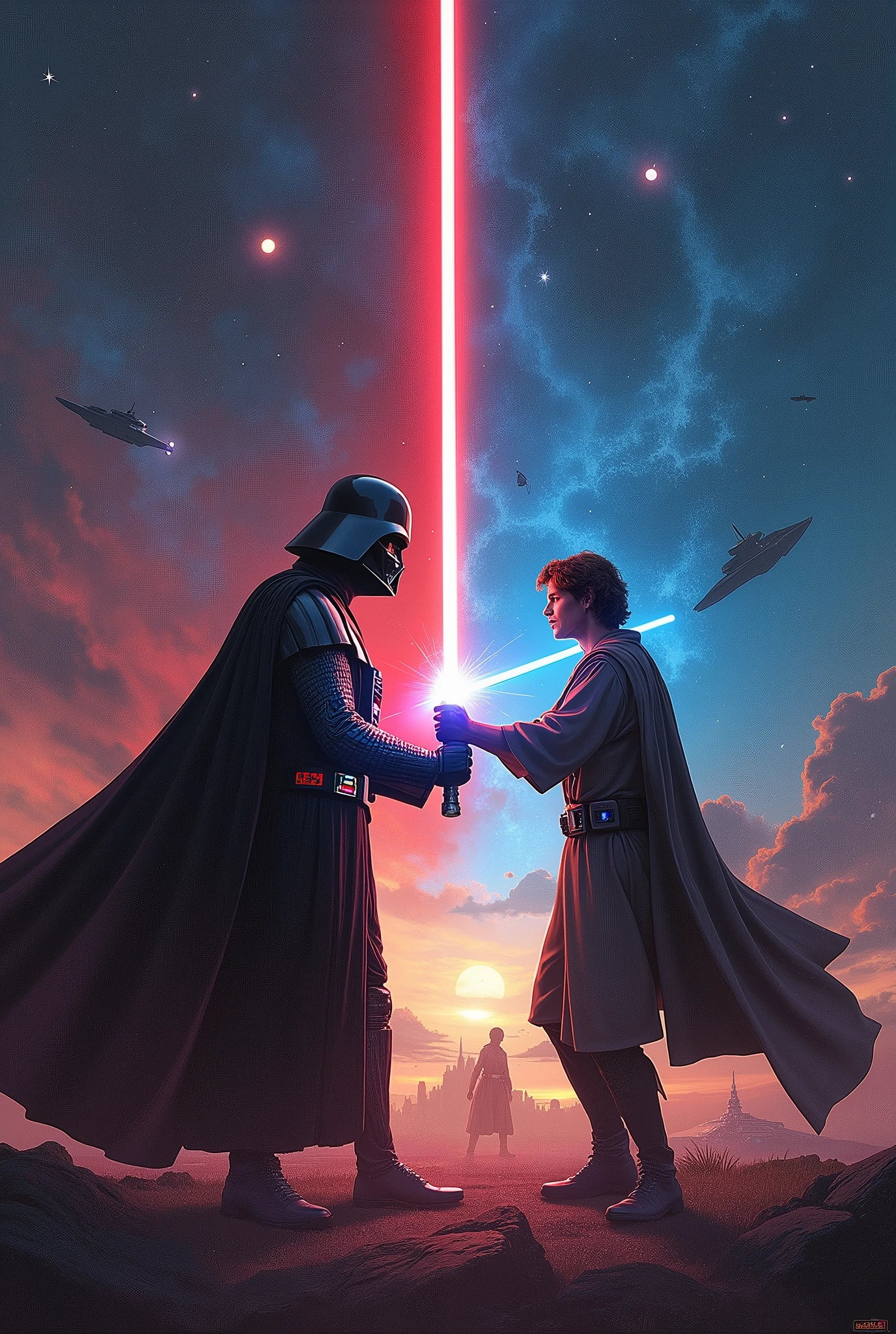 A Star Wars poster with Darth Vader and Anakin fighting. 