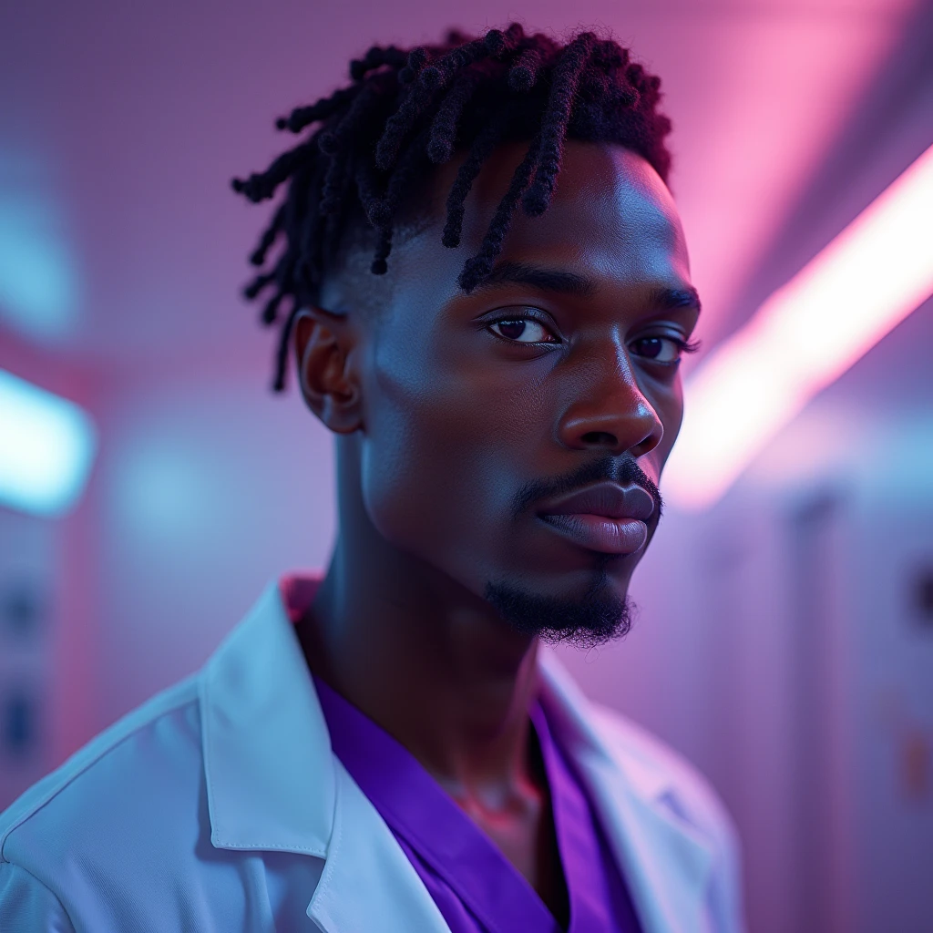 Photograph headshot of a very tall French-Nubian featured male model, chin length wavy hair parted to the side hair, shaved chin, shaved upper lip, toned body, ebony skin, vibrant purple eyes, tall thin toned body. Kind expression. Doctor coat, purple shirt, fluorescent lighting.