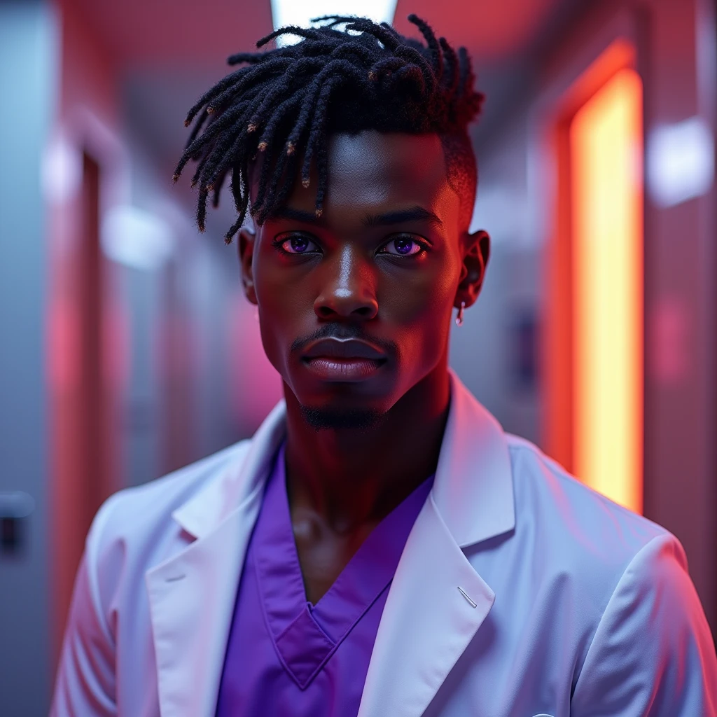 Photograph headshot of a very tall French-Nubian featured male model, chin length wavy hair parted to the side hair, shaved chin, shaved upper lip, toned body, ebony skin, vibrant purple eyes, tall thin toned body. Kind expression. Doctor coat, purple shirt, fluorescent lighting.