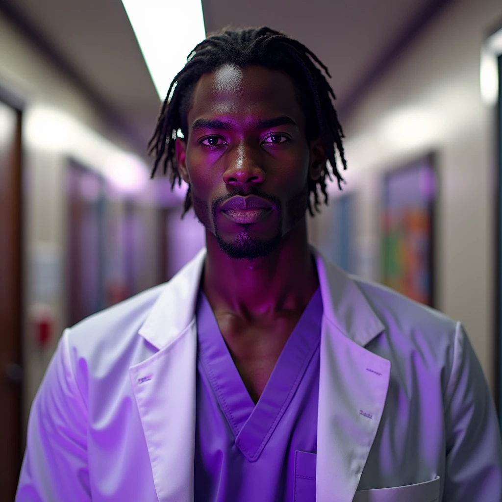 Photograph headshot of a very tall French-Nubian featured male model, chin length wavy hair parted to the side hair, shaved chin, shaved upper lip, toned body, ebony skin, vibrant purple eyes, tall thin toned body. Kind expression. Doctor coat, purple shirt, fluorescent lighting.