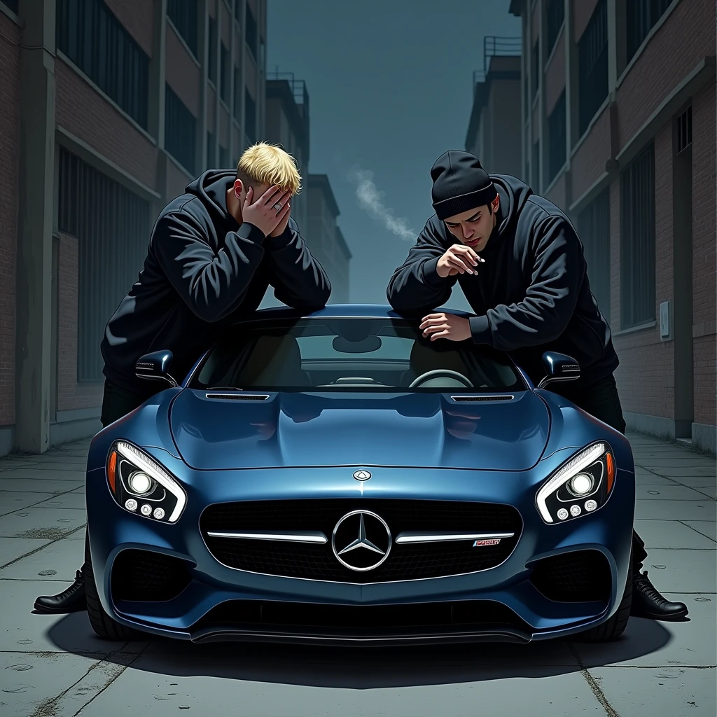 far front view of two guys standing leaning on the left and right of the hood of a mercedes dark blue glossy sports car in an empty dark city's street at night buildings are abandonned with brick walls, one guy is blond with a trucker cap and hide his face with his hands and the other one have dark hair and a beanie lighting up a cigarette and smoke in the air, both are dressed in black baggy clothes, mysterious atmoshpere, realistic drawing type,