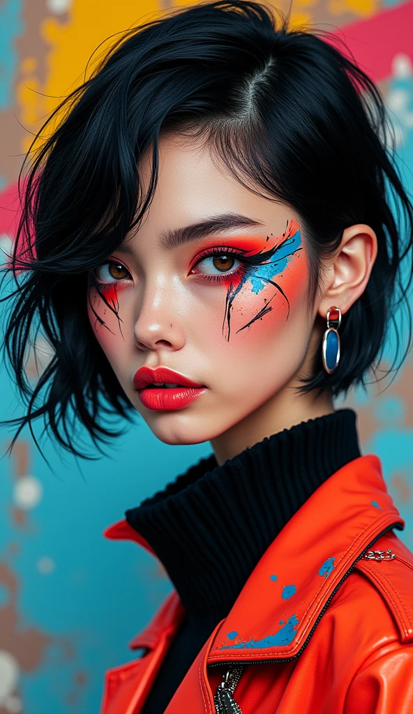 High-quality realistic acrylic art, vivid colors, (best quality, 4K, 8K, high-resolution, masterpiece), ultra-detailed, photorealistic, striking young woman, bold Neo-Gothic makeup, bold Neo-Gothic hair, vibrant Pop Art inspired outfit, intricate facial designs, modern fashion, high fashion, vibrant colors, digital art