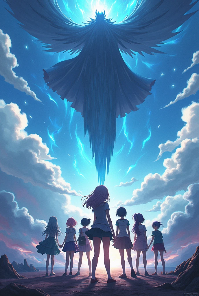 poster anime girls stand against the background of flying islands, a little higher there is Dzeno, the leader of the Delusional Regime, above them there is the inscription Multiverse 3: Equalization
