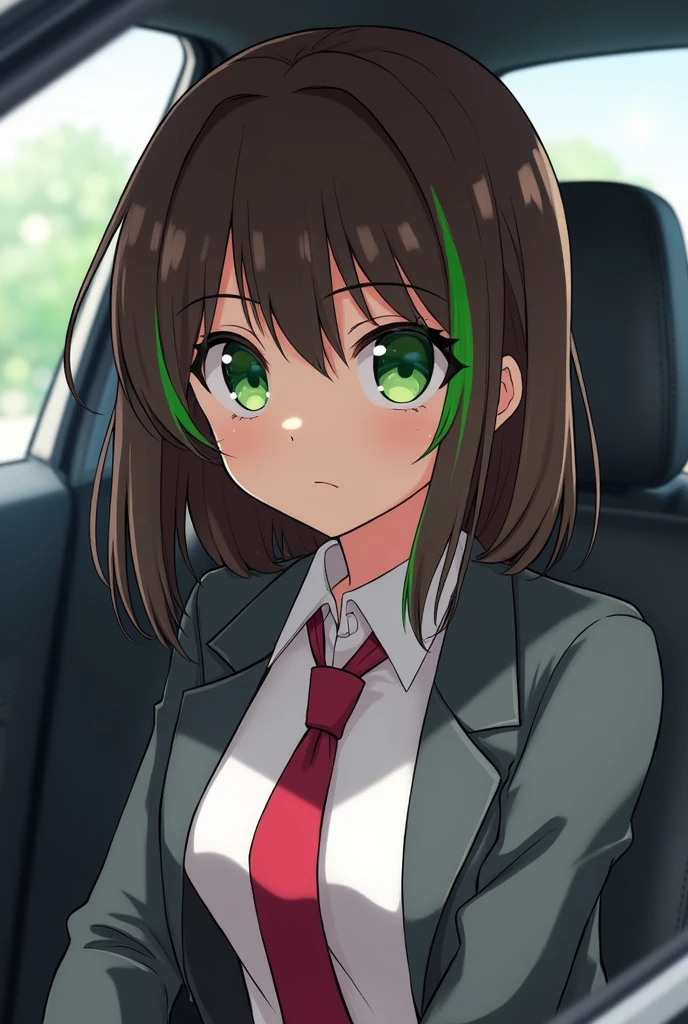 A brown-haired girl with green streaks and green eyes in the MHA uniform in a car