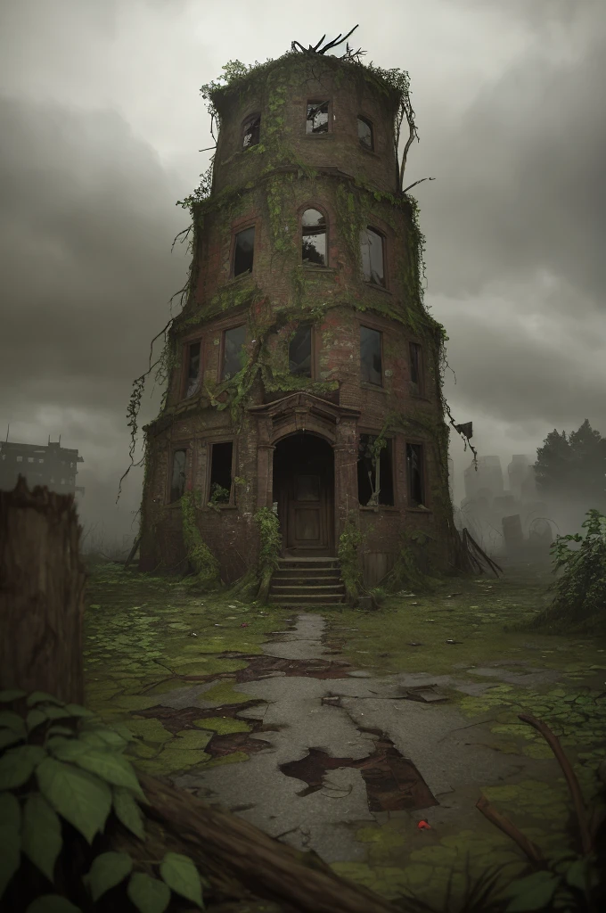Create a detailed post-apocalyptic cityscape inspired by The Last of Us Part 2. Show ruined buildings overgrown with greenery, shattered windows, cracked roads, and debris scattered around. Include overgrown trees, ivy crawling up walls, and remnants of civilization, such as abandoned cars and graffiti on crumbling walls. The atmosphere should feel somber, with overcast skies and subtle fog for a haunting yet immersive ambiance.