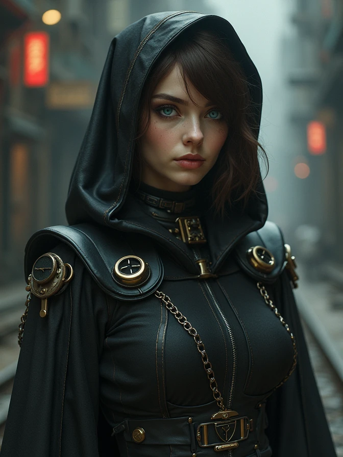 one  Beautiful woman. Dark brown hair, pixie haircut. blue eyes. daring outfit. goth tomboy. maidenly charm. space soldiur nun. Dark sci-fi. Warhammer 40k. Dieselpunk. baroque oil painting.