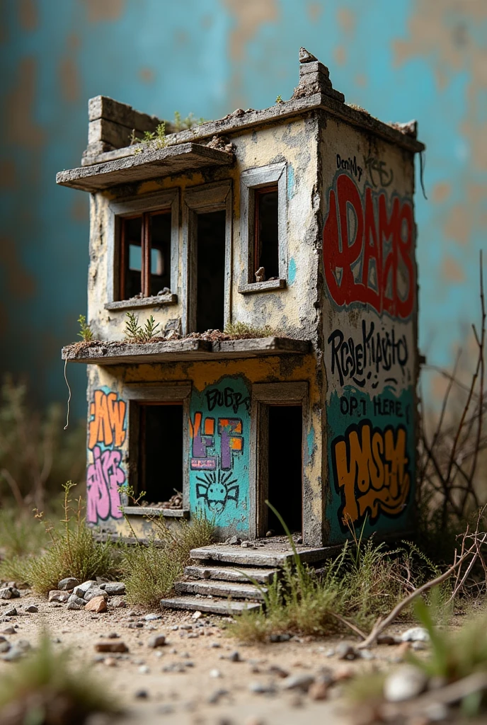 Diorama of abandoned property, with graffiti, graffiti, windowless two-story