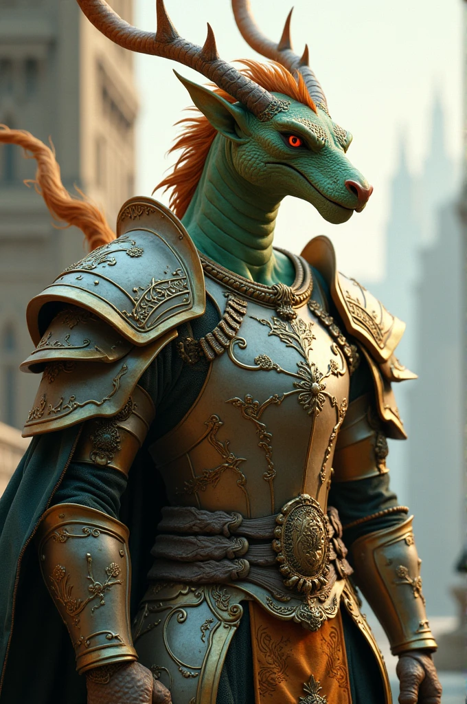 Draconid humanoid male, dull and light green color. Her body has a fine shape, with delicate features. Tailless and dressed in armor. Long-crested, varying between semi-fur and spines, with a pair of very small horns. The color varies between ochre and terracotta.. pointy ears, that remain low.