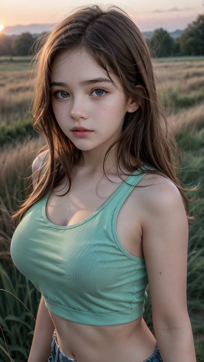 Close-up of a -yeld wo with a young and beautiful face., Big Breasts 1.3, Wearing an open-chested tank top, Walking in the Grass, sunset light, cinematic scene, UHD