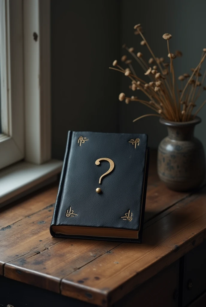 Create a photo for your tiktok profile, I want in the photo a black almanac closed on a table with a question mark on the cover