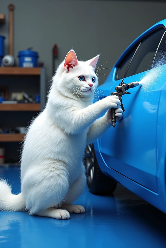 White cat painting car with air gun in blue color