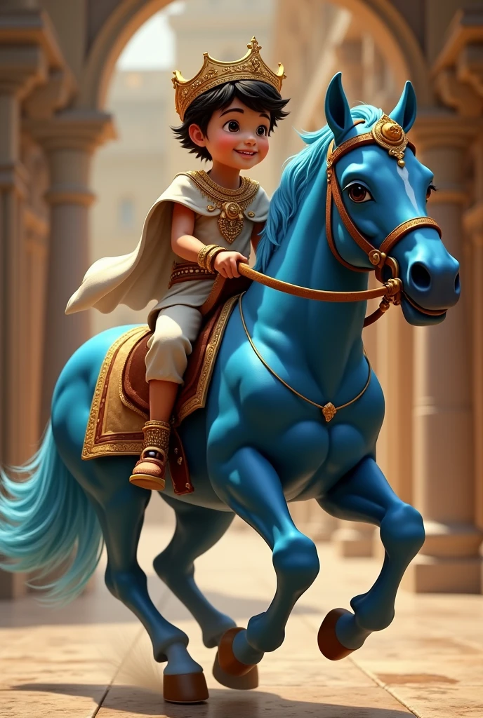 a boy sitting on a running blue hosre with wearing old golden jwellery and a cap of king out of an mahal