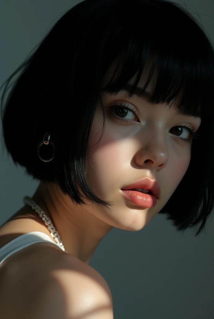 photo of a young 1 pale woman, black bob haircut, scene girl ager, , from below, finely detailed skin, rim lighting, hard lighting,