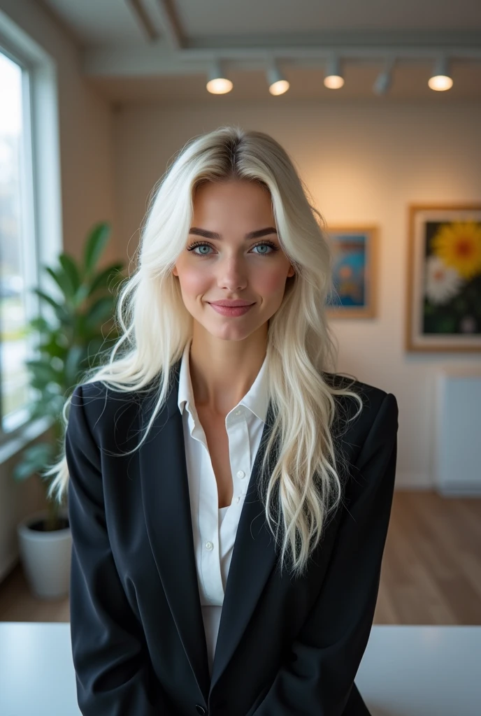Create a photorealistic, 4K image of a female receptionist in a small modern art gallery. She is 23, with long platinum blonde hair and has intense blue eyes. She is dressed in a modern business suit. Her appearance looks a lot like a nordic Emilia Clarke. She always has a wicked smile, like she has something naughty on her mind.