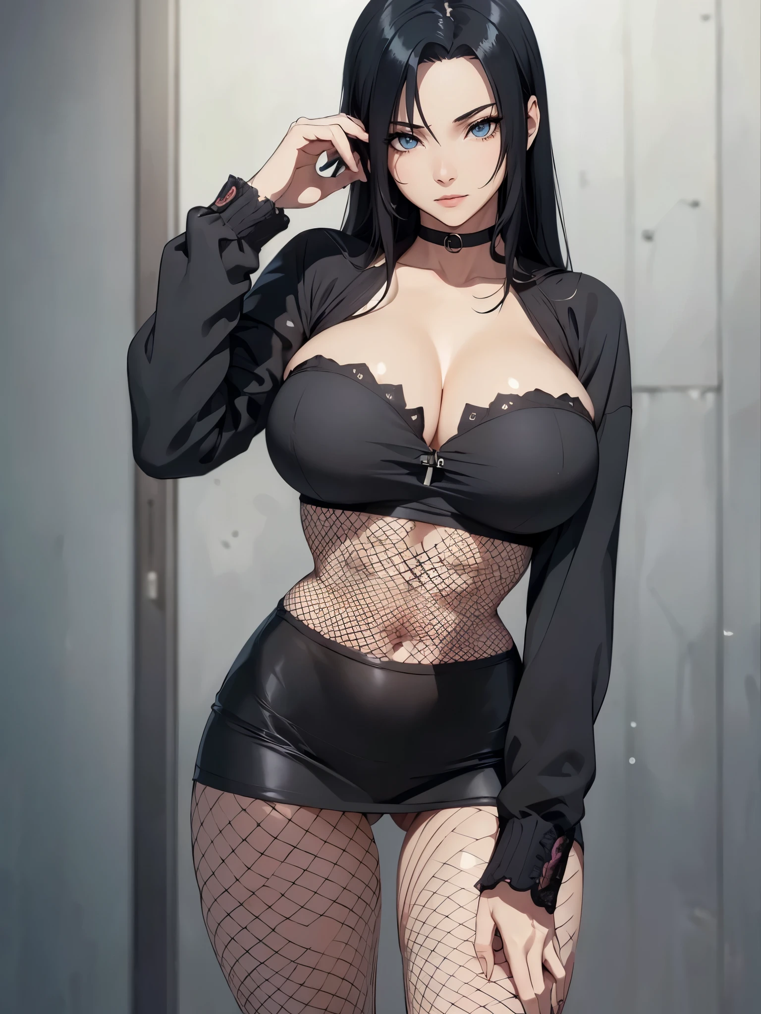 ((1girl, solo)), mikoto uchiha, large breasts, beautiful body, (perfect anatomy, perfect body, perfect hands, perfect legs), nice hands, natural proportions, sexy body, standing, cowboy shot BREAK 

((extremely detailed face)), (black eyes:1.5),  (beautiful detailed eyes:1.6), (realistic pupils, realistic iris:1), expressive eyes, looking at viewer, (clear eyes:1.3), (hyperrealistic:1.2), (detailed skin texture:1.2), smooth skin, (black hair:1.5), hair intakes, sidelocks, long hair, (detailed lips:1.2), (attractive lips:1.1), (glossy lips:1.1), perfect face, perfect eyes, black choker BREAK

crop top, collarbone, cleavage, long sleeves, midriff, black mini skirt, thighs, fishnet pantyhose BREAK

(masterpiece:1.5), anime-style, top quality, best quality, (beautiful and aesthetic:1.2), (ultra detail:1.5), Ultra-detailed depiction, Ultra-precise depiction, extremely detailed 8k illustration, high resolution, (highly detailed shading:1.2), (realistic lighting:1.4), perfect lighting, vibrant colors, dynamic tones, striking hues, 8k, absurd resolution, perfect shadows, hdr, UHD, ambient lighting, realistic, ultra-realistic, photo realistic, highly detailed, rich detail, luminous colors, fine texture, intricate design, professional illustration, (soft light:1.2), (illustration:0.7)