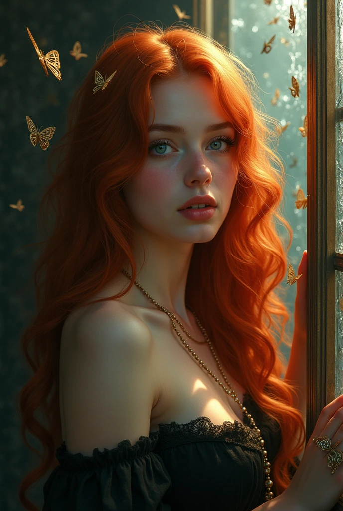 (solo, full body photo:1.3), (action packed:1.3), (haze, fog, mist:1.3), chiaroscuro, best quality, photorealistic, 1woman, (cute), (24yo:1.2), redhead, long ginger hair highly detailed, 1700'S, digital photography, art by artgerm and ruan jia and greg rutkowski surreal painting gold butterfly filigree, broken glass, (masterpiece, sidelighting, finely detailed Fashionable eyes: 1.2) (perfect oval large eyes that gazes at the viewer), beautiful detailed face, blue gorgeous perfect eyes, (blonde hair ponytail), (attractive young woman:1.3), (thick amazing hair), (seductive:1.1), (blushing:1.1)
