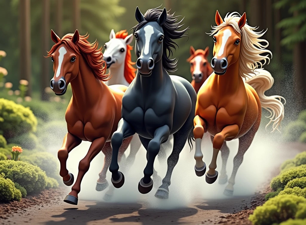 Videogame Cover box for Playstation 5, Title on comic sans: Caballos Corriendo: The Game, background outside the box is a blurred taiga woods biome