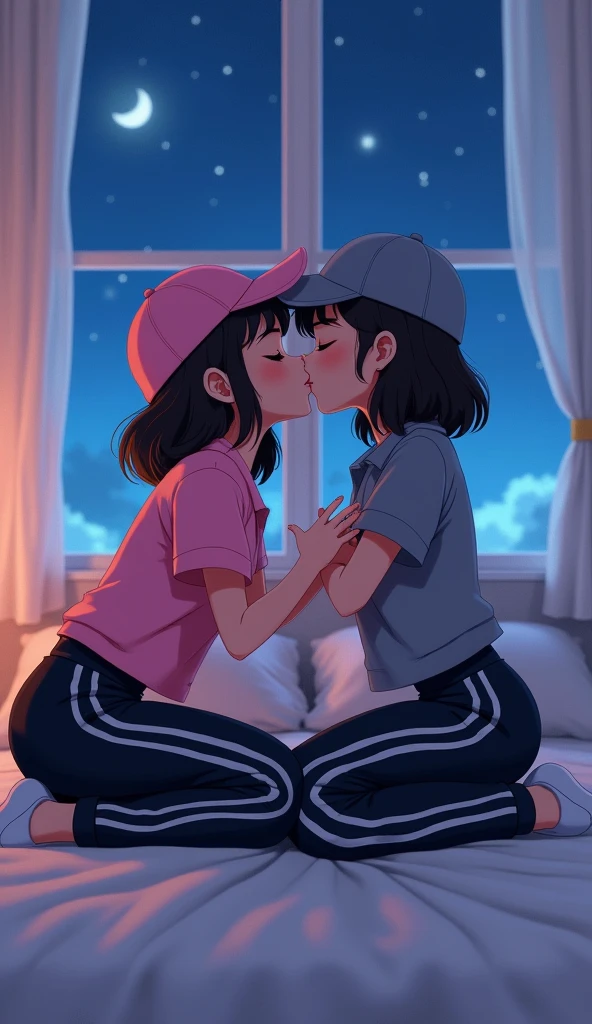 Two girls long black hairs, yuri

The first girl wear a pink polo shirt, pink cap, black sweatpants with three white stripes, shirt tucked into pants, white socks, white nike sneakers

The second girl wore a grey polo shirt, grey cap, black sweatpants with three white stripes, shirt tucked into pants, white socks, white nike sneakers

French kiss, lesbian kiss, hugging, sensual body, closed eyes,the first girl used right hands insert into under black sweatpants of the second girl, sitting on the bed, bedroom, fantastic night blue sky, novel cartoon, 4K, HD
