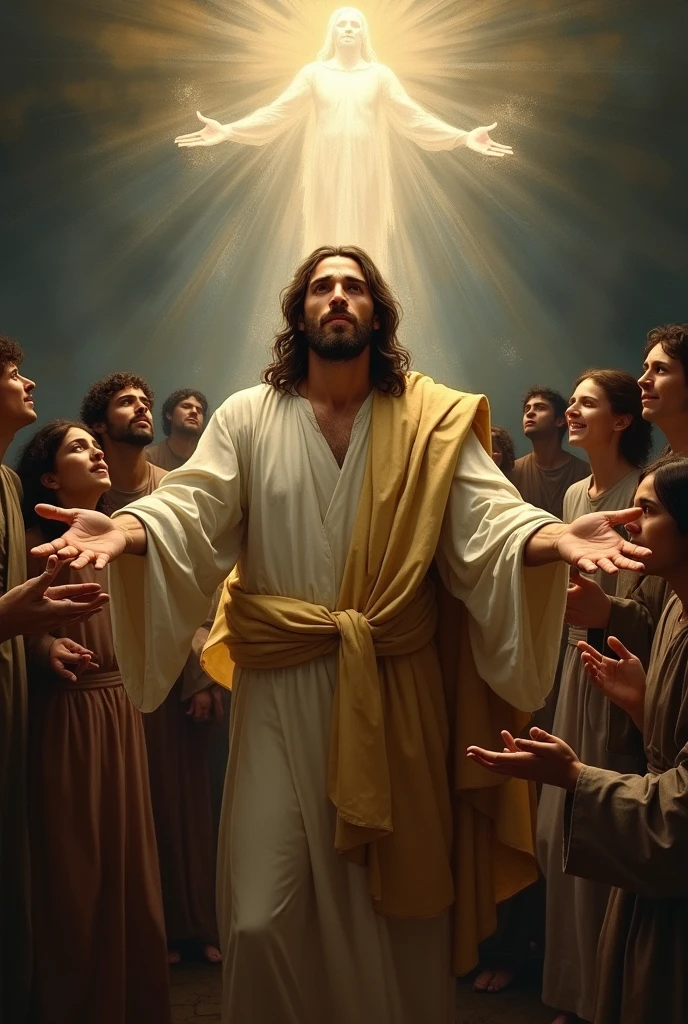 Jesus with nail holes in his hand and the Holy Spirit with a group of charismatic youth
