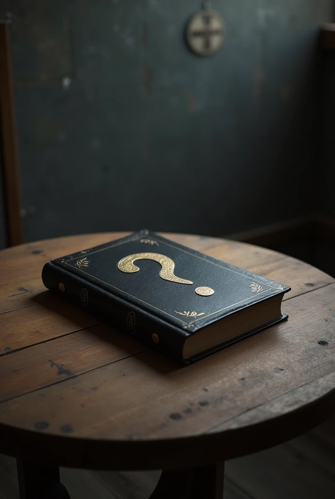 Create a photo for your tiktok profile, I want in the photo a black almanac closed on a table with a question mark on the cover