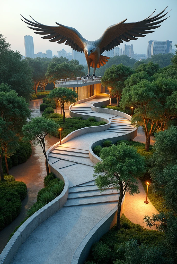 Public space inspired by a condor with green spaces, ramps, bleachers and good lighting