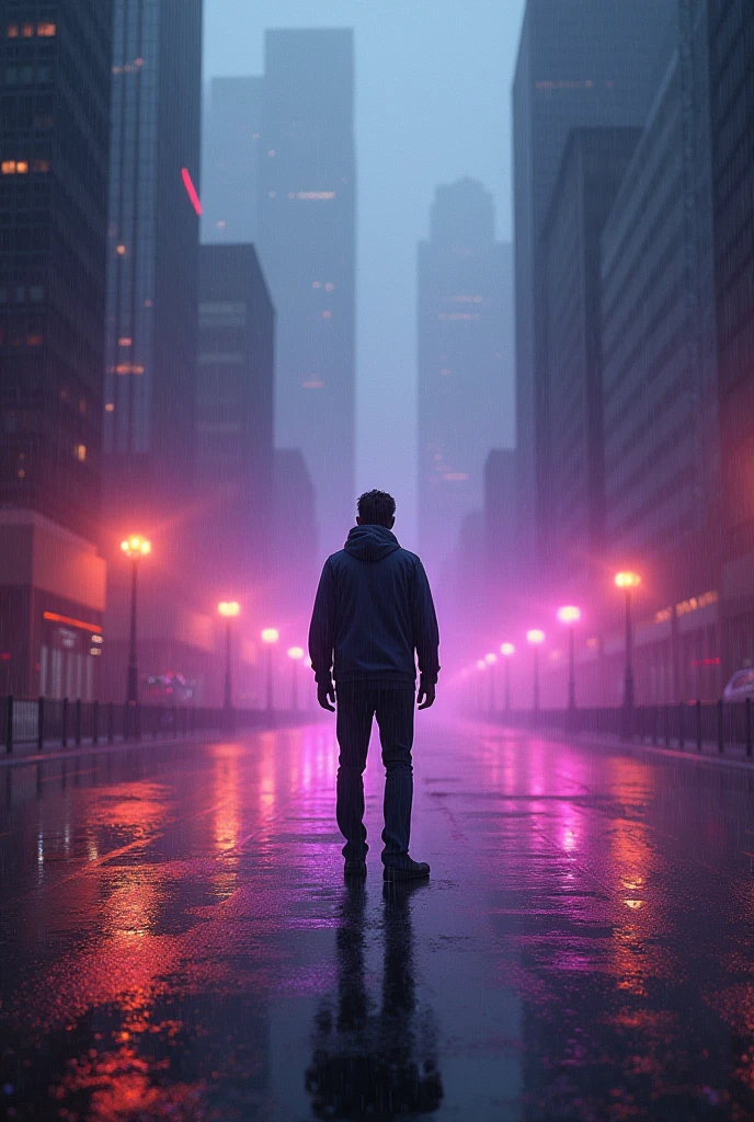A man standing at the road forword the buildings in the rainy weather with shiny floor and neon blur ,purple and orange lighta