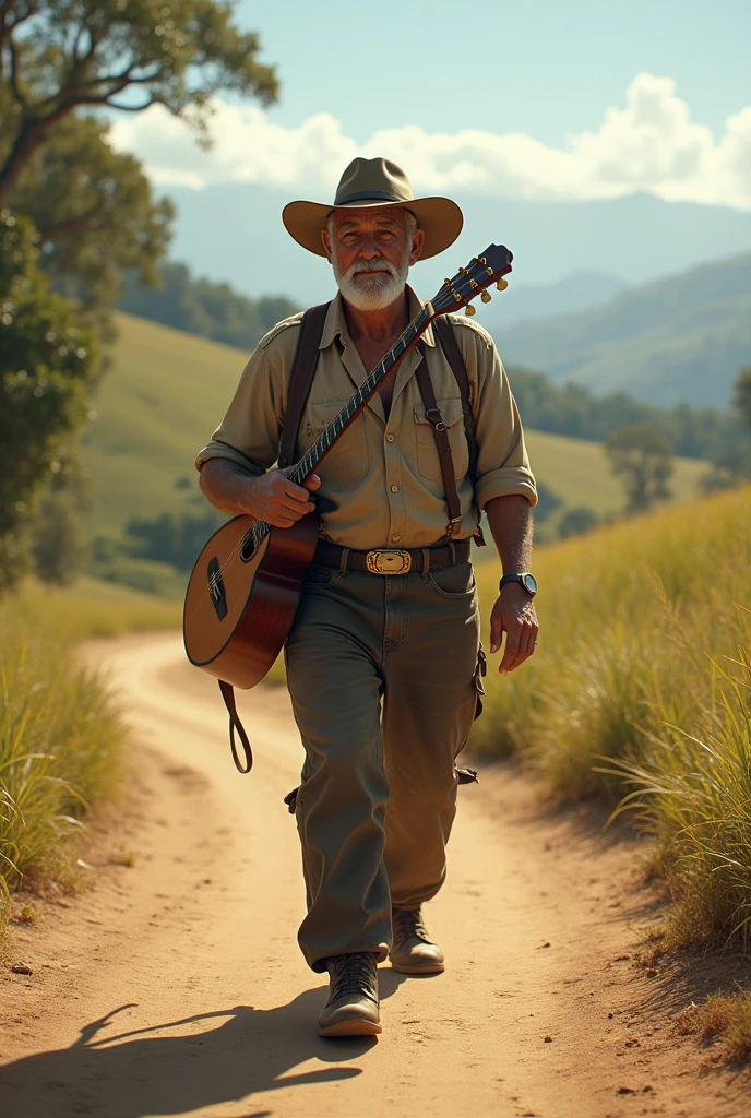 a gaucho creole man in his 50's walking with his creole guitar