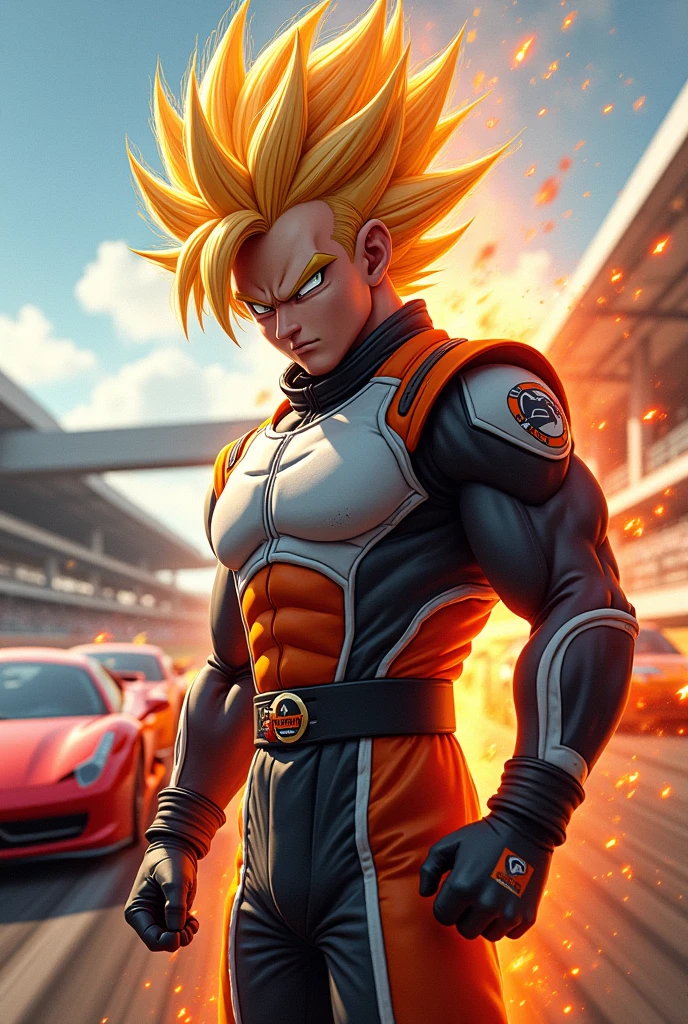 Goku in ultra instinct phase dressed as a driver