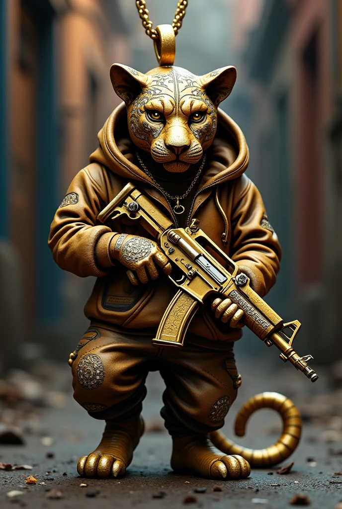 Small size Pendent of humanoid panther holding a ak47 in hands in gold and diamonds with street ware clothing