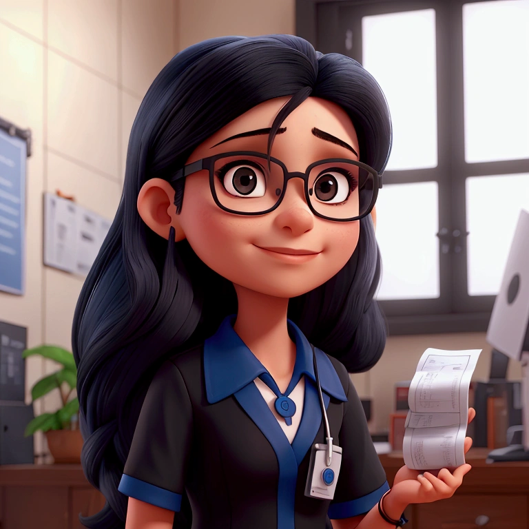 Nurse with small black glasses,,India,with very long black hair in a blue uniform and an ID that says Alejandra