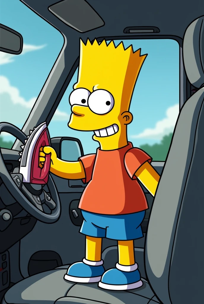 Bart Simpson standing with an iron trying to open the car window