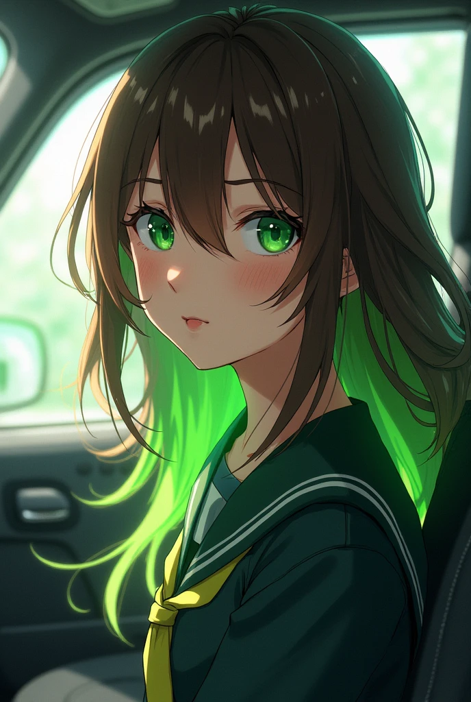 A brown-haired girl with green locks and green eyes in the MHA uniform in a car imagining herself in a battle