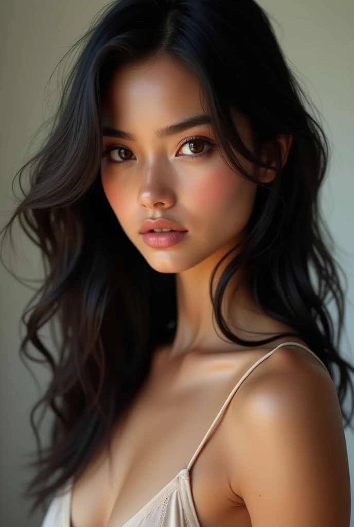 Nude woman with brown eyes, black hair with 1*57 m tall weighing 57 kg