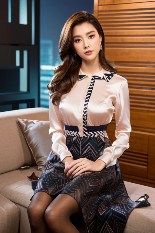 colorful shirt with collar、(Geometric pattern long skirt:1.3)、((silk pantyhose))、(She is sitting, showing off her beautiful legs and high heels)、1 girl、(Delicate face、Detailed eyes and face、double eyelid、Glossy lips)、Moisturized skin、Highly detailed face and skin texture、Two well-balanced legs、Large Breasts、((Highest quality、Ultra-high resolution、masterpiece、8k))、((Perfect Anatomy、Anatomically correct))、(Full Body Portrait)、Modern architecture at night on the background、Professional Lighting、Realistic、Realistic、Ultra-realistic
