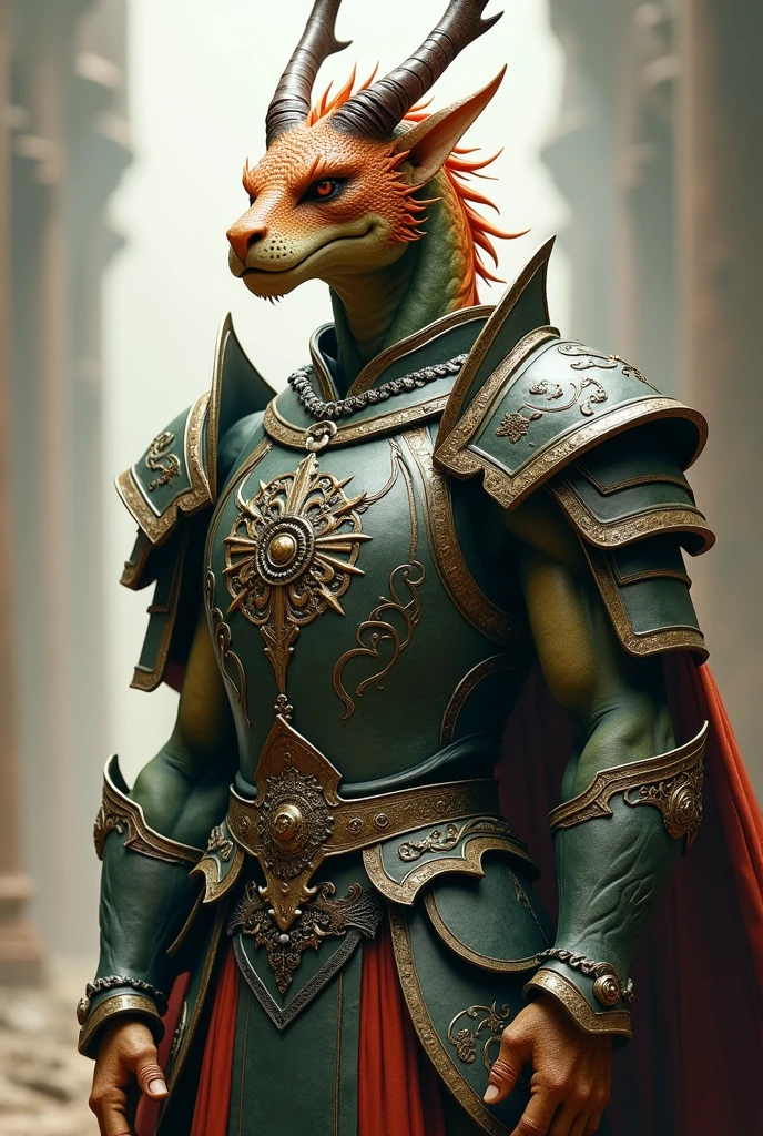 Asian Draconid male humanoid paladin dull and light green color. Her body has a fine shape, with delicate features. Tailless and dressed in heavy armor. Long-crested, varying between semi-fur and spines, with a pair of very small horns. The color varies between ochre and terracotta.. pointy ears, that remain low.
