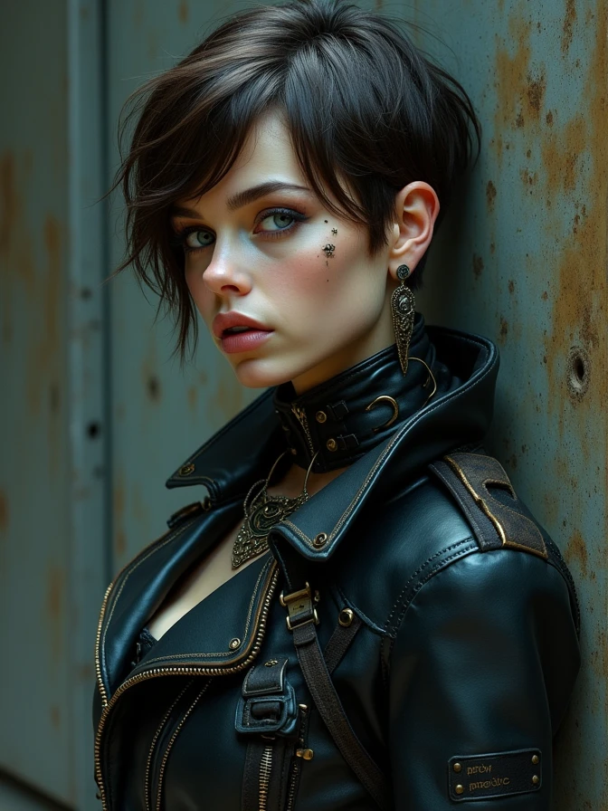 one Beautiful woman. Dark brown hair, pixie haircut. blue eyes. daring outfit. goth tomboy. maidenly charm. space soldiur nun. Dark sci-fi. Warhammer 40k. Dieselpunk. baroque oil painting.
