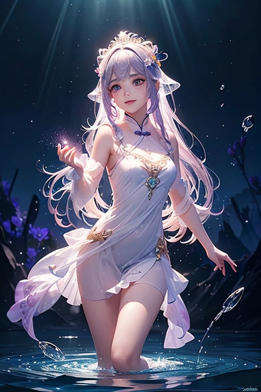 (Obra maestra:1.2), Mejor calidad, (ilustración:1.2), (ultra detallado), hiper detalles, (delicado detallado), (detalles intrincados), (luz cinemática, Mejor calidad Backlights), Borrar línea, solista, Cuerpo perfecto, (1 chica), A beautiful (( Chinese (Water goddess))), with a face that reflects a (((beautiful, detailed skin))), shiny and smooth, with black, shiny eyes that give off a gentle glow, set against a backdrop of (((softly falling droplets of water))), suggesting a (bioluminescent, otherworldly beauty) that defies the ordinary, encircled by an ethereal (((glowing floral dress))), with (((white, pink, and purple irises))), evoking a sense of mystery and wonder, as she steps through a (((translucent, shimmering lake))), with (tiny, shimmering stars) dancing around her, her hairs flowing in the water, glowing vibrant, (constituir), alto contraste, (mejor iluminacion, un extremadamente creado y hermoso), (luz cinemática), vistoso,