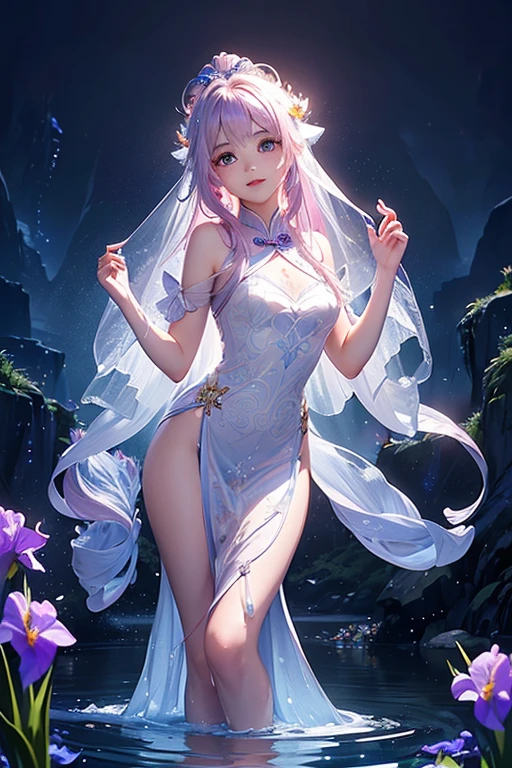 Transparent hair、hime-cut、Golden Eyes、eye glasses、ssmile、early  girls、flat chest、Thin pubic hair、Beautiful open legs、robe、flower  field