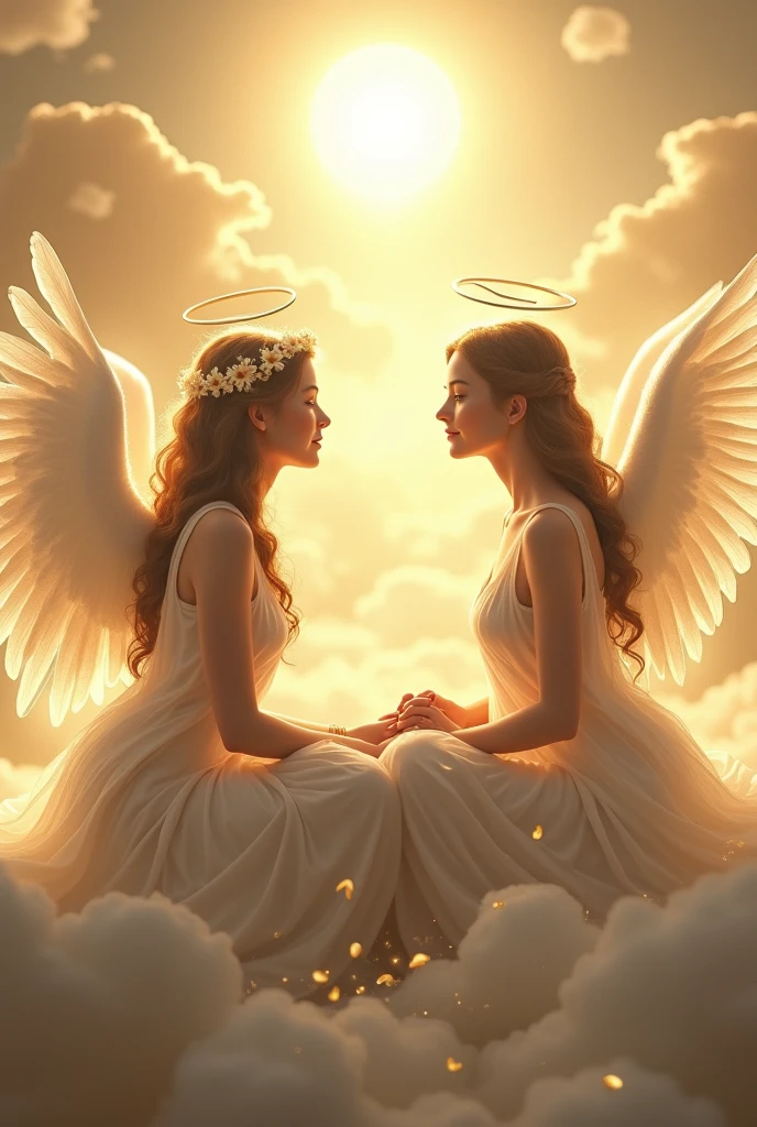 Two ladies seated in heaven and talk with each other about his past sad life