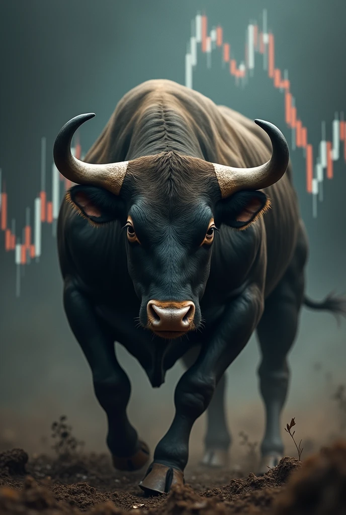 snorting bull, candlestick charts in the background, dark tone,