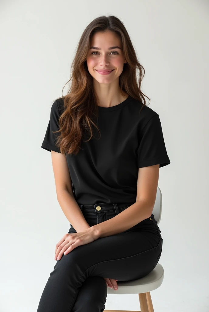 best qualityer:1.4), (ultra high resolution:1.2), (photorrealistic:1.6), (8k, CRU photo:1.2), 42 year old woman. long brown hair. pink lipstick. short-sleeved black shirt. black jeans pants. black sneaker. gorda. She is sitting on a white chair in a photography studio with a white background. 