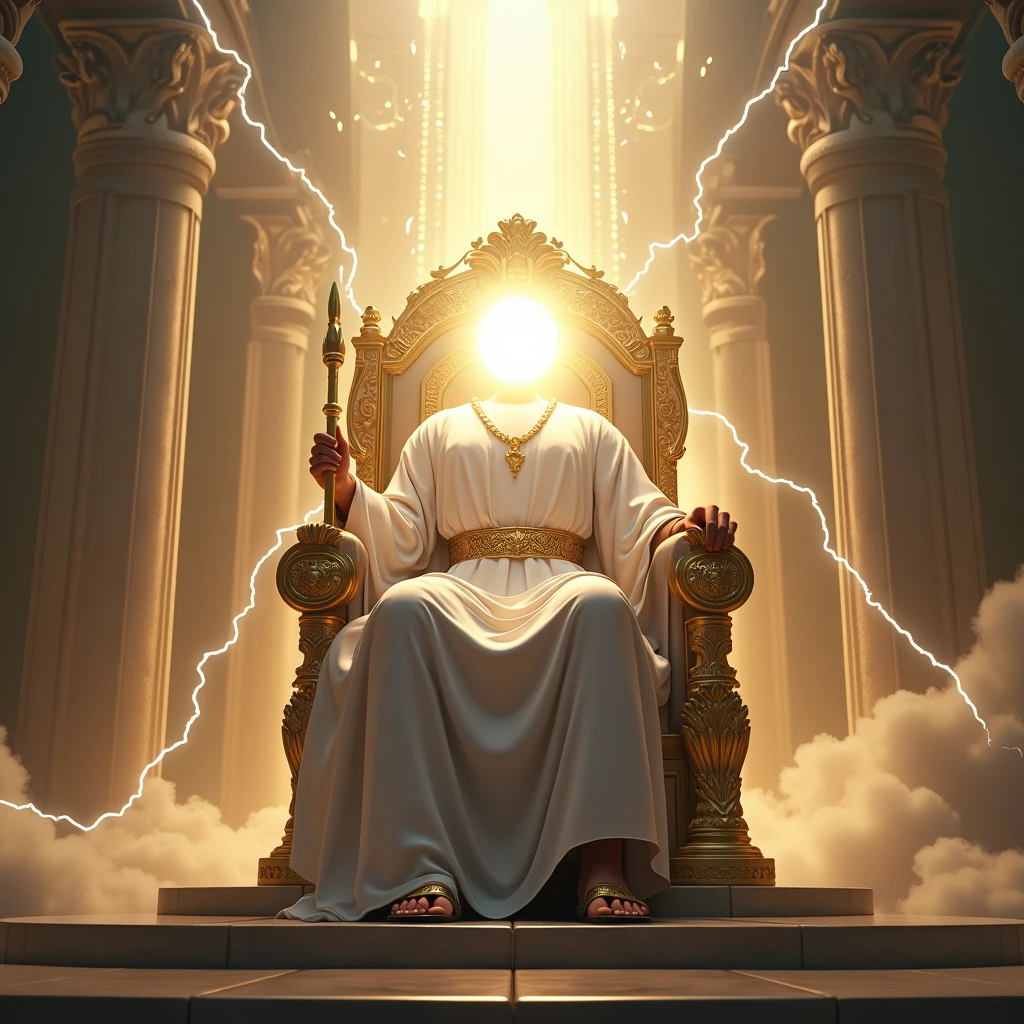 Make an ultra-realistic drawing, cinema picture, 4K resolution 1080px1025 A mighty throne of a king in heaven and a man in white robes sitting on it with a golden belt around his waist and Roman sandals. He holds a golden scepter in his hands, his face can't be seen, for a strong powerful light came out and said the throne and from it also came lightning bolts and thunder and an immense face. He seems to be very powerful, if he were God. however, his face can't be seen put a strong light coming out of his face, because no one can see the face of God. In place of the head, put a big ball of light.
