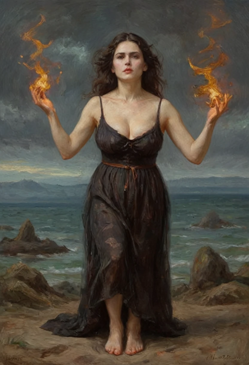 the witch、huge tit, undersized dress, side boob, under boob, bursting breasts, hands 9n own chest, oil painting