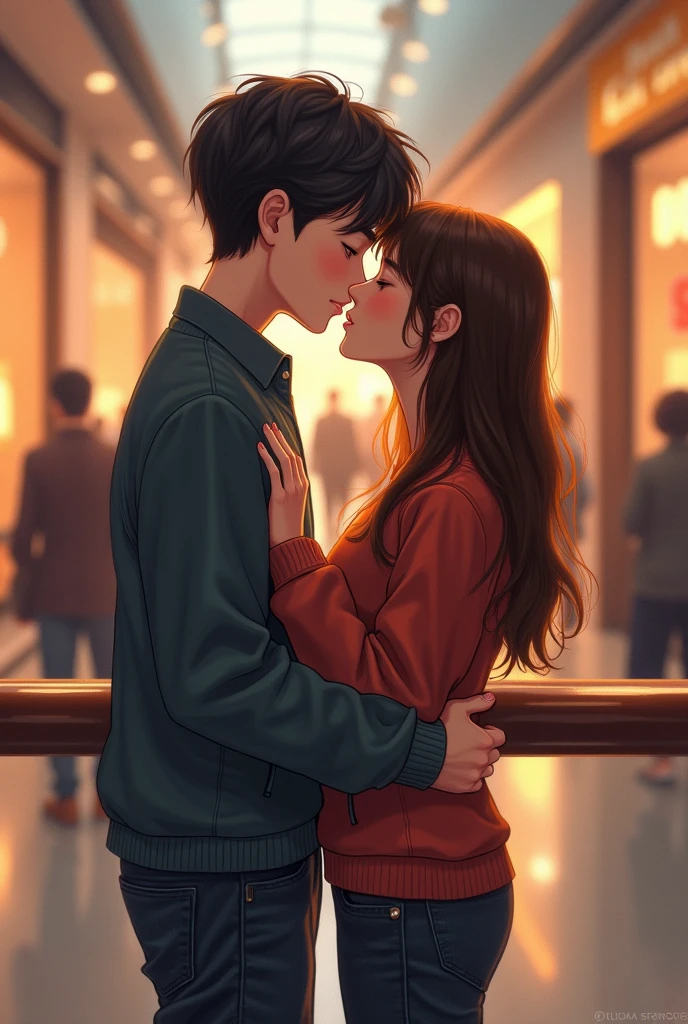 1 male and 1 female , brown hair, kissing , night city on top of buildings, closed eyes , hands in pocket