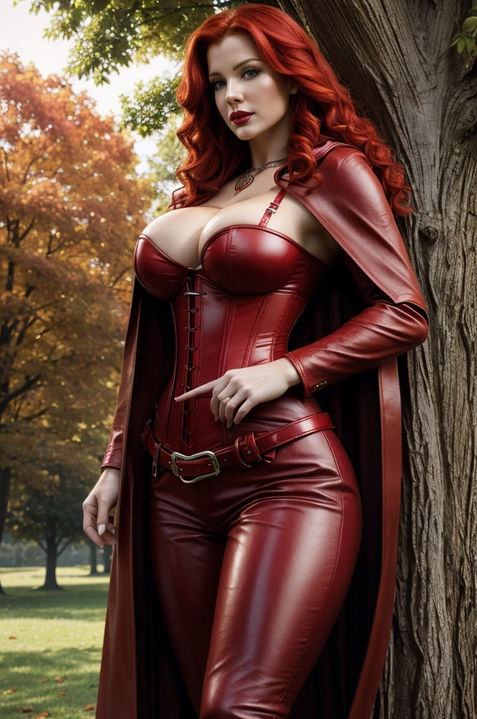 red leather corset and red cloak, in front of a majestic tree, vibrant colors. wavy red hair, cleavage, detailed face with bright red lipstick, green eyes, leather pants, molly ringwald