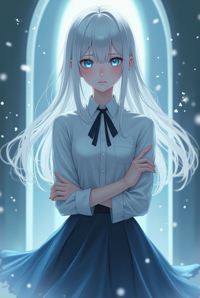 Albino, pretty girl, one girl, attractive whitish light blue eyes, ager, silver hair, Koko jormungand, business clothing, skirt,