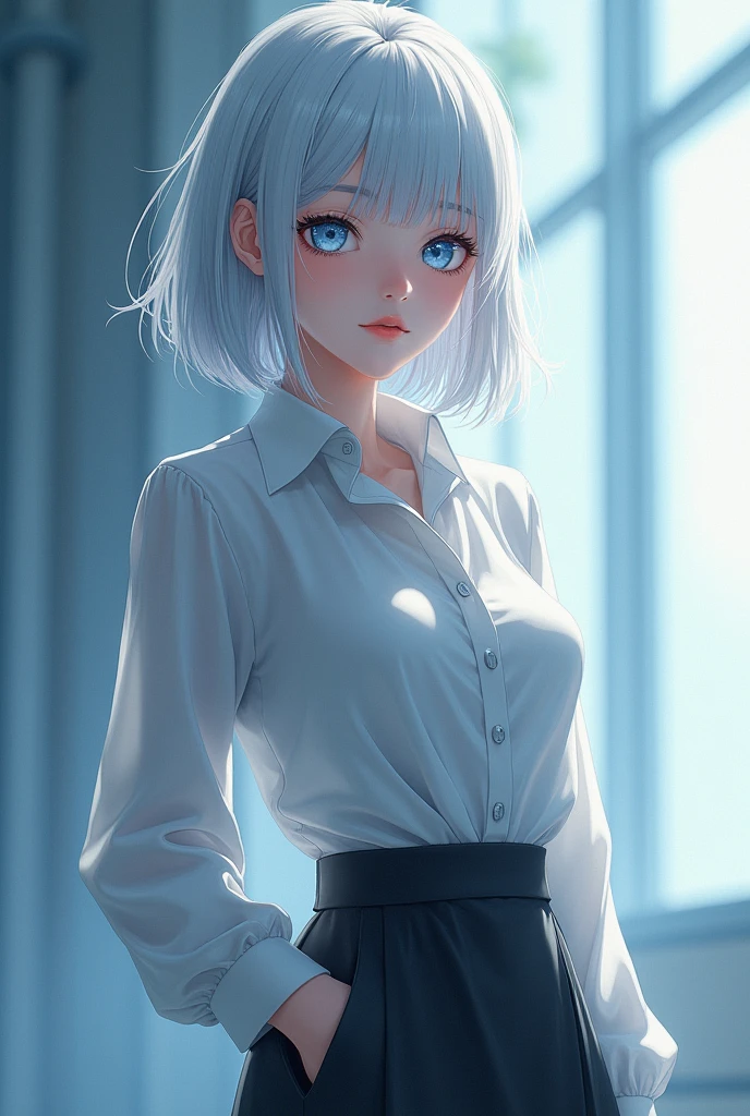 Albino, pretty girl, one girl, attractive whitish light blue eyes, ager, silver hair, Koko jormungand, business clothing, skirt, 