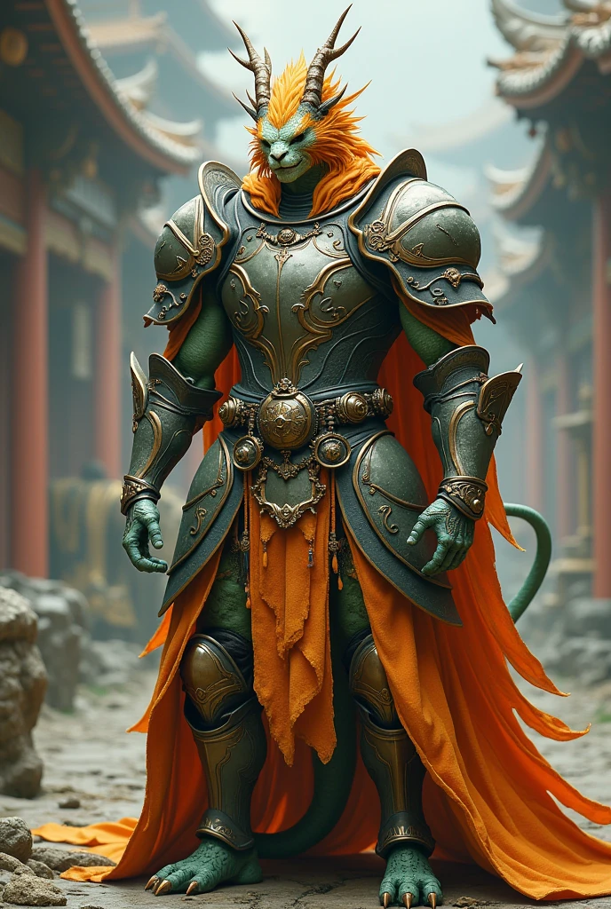 Asian Draconid male humanoid paladin dull and light green color. Her body has a fine shape, with delicate features. Tailless and dressed in heavy armor. Long-crested, varying between semi-fur and spines, with a pair of very small horns. The color varies between ochre and terracotta.. pointy ears, that remain low.